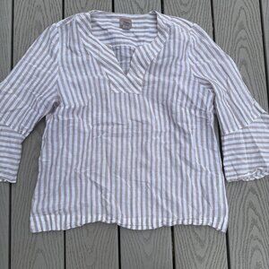 Chicos Striped Tunic Top Size 1 Bell Sleeve V Neck Women's Brown white